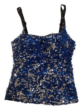 Blue Sequin Bustier Tank Top with Black Adjustable  Straps